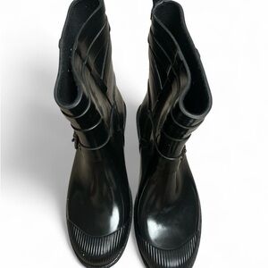 Coach Glossy Black Mid-Calf Rain Boots with Strap Detail